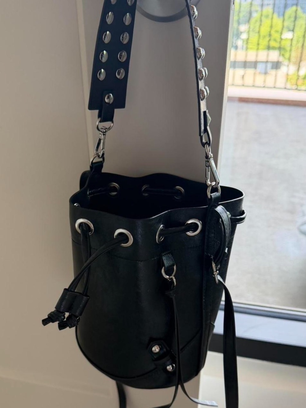 Black Leather Bucket Bag with Studded Strap